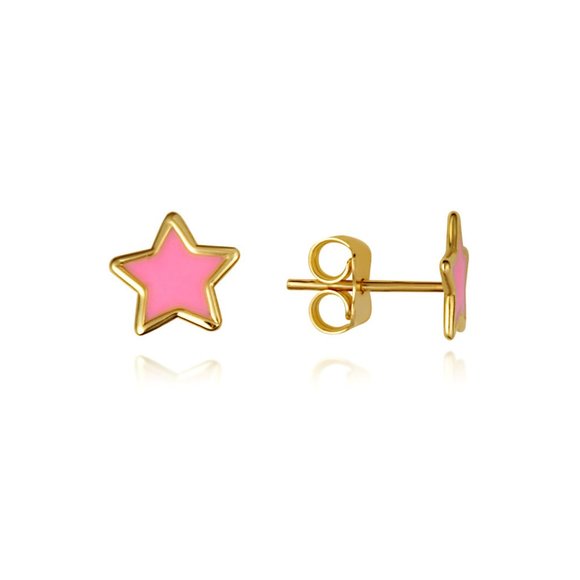 14K Solid Gold Small Pink Enamel Starfish Stud Earrings